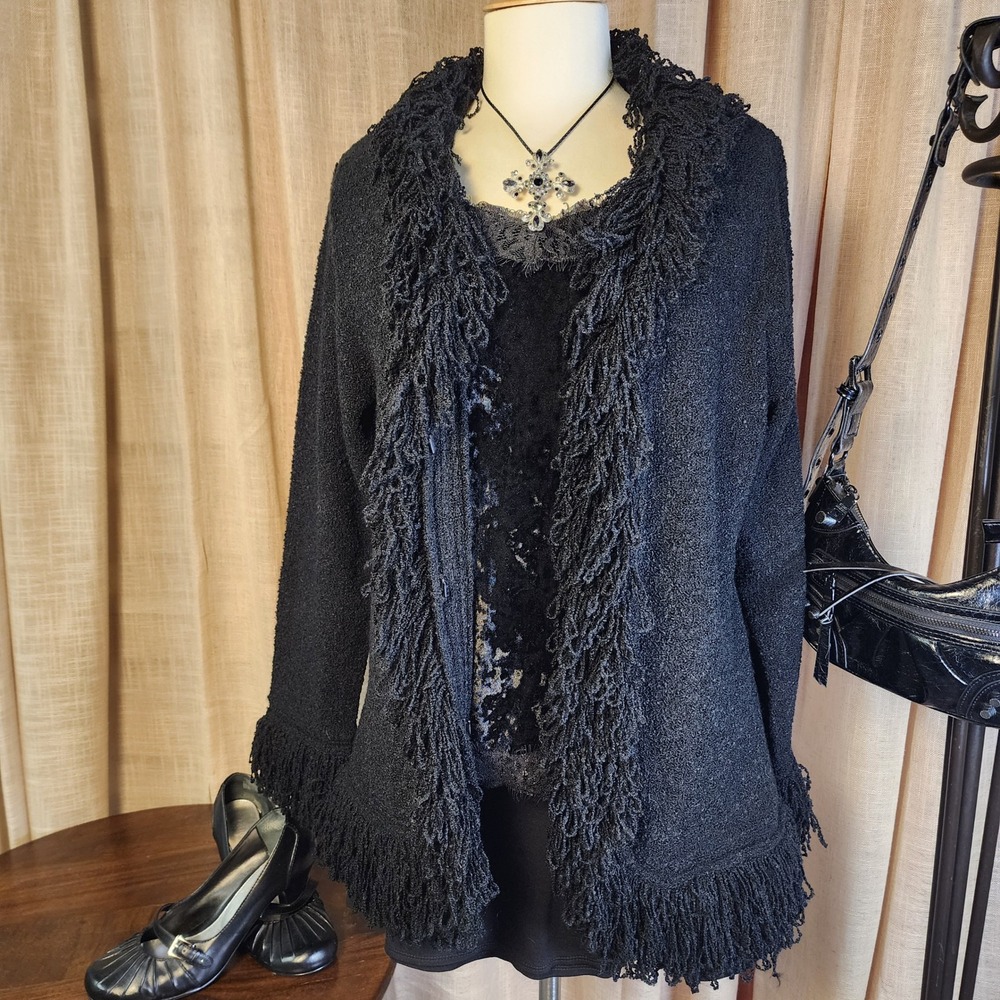 Dialogue Womens L Black Boucle Fringe Cardigan Sweater Whimsigoth Y2K